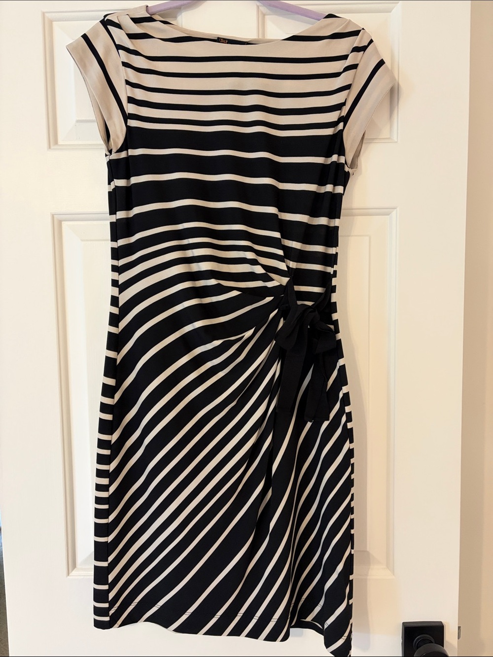 Taylor Black and Cream Striped Tie-Waist Sheath Dress